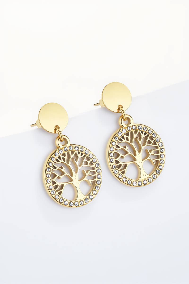 Gouden oorbellen met levensboom en kristallen van Nana Boutique Jewellery