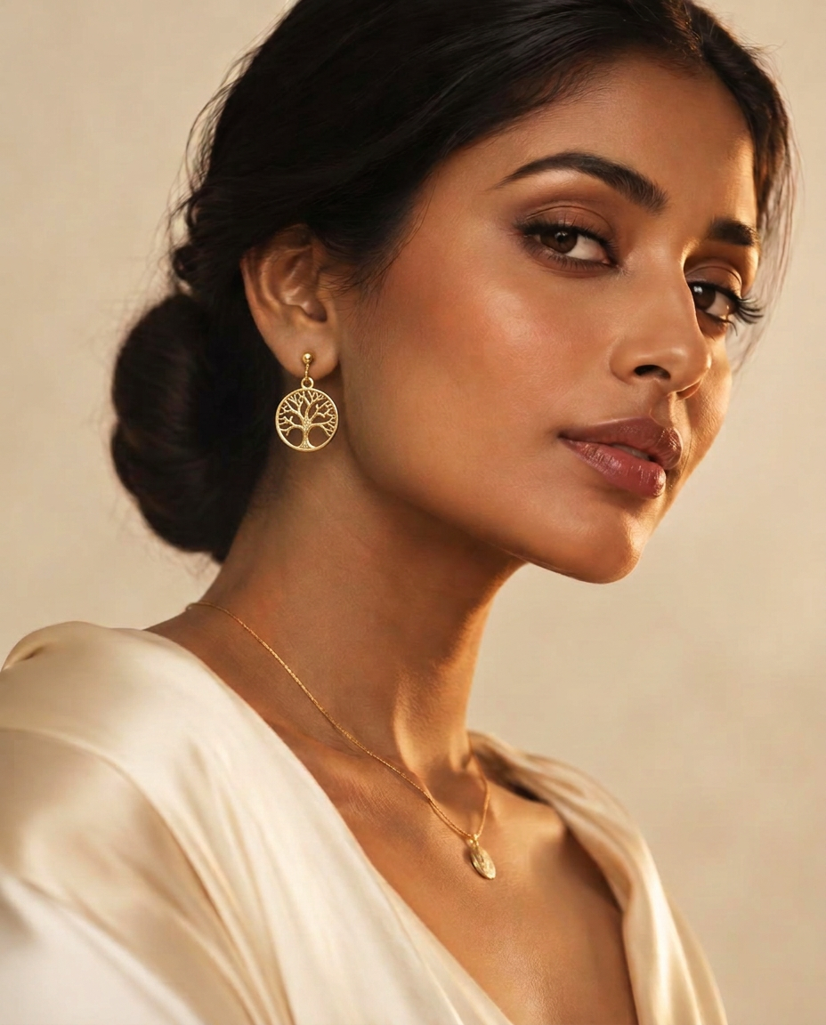 Vrouw met gouden statement-oorbellen van Nana Boutique Jewellery